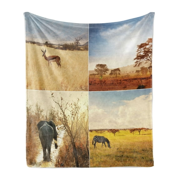 Safari Soft Flannel Fleece Throw Blanket, Safari Collages with Native Wild Savannah Animals Exotic Lands Lonely Planet, Cozy Plush for Indoor and Outdoor Use, 50" x 60", Multicolor, by Ambesonne