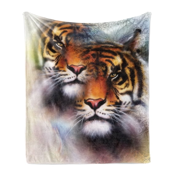 Safari Soft Flannel Fleece Throw Blanket, Double Exposure Tiger Collage with 2 Overlapping Images Oriental Mandala Backdrop, Cozy Plush for Indoor and Outdoor Use, 50" x 60", Multicolor, by Ambesonne