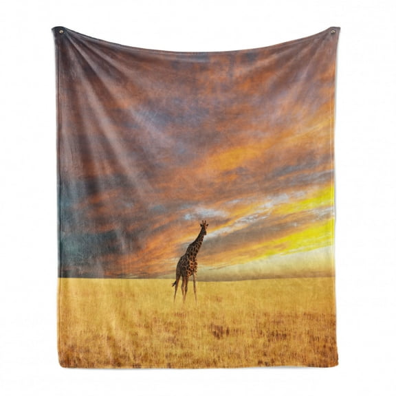 Safari Soft Flannel Fleece Throw Blanket, Giraffe in Savannah Colorful Cloudy Sky at Sunrise Grassland Autumn Picture, Cozy Plush for Indoor and Outdoor Use, 70" x 90", Yellow and Peach, by Ambesonne