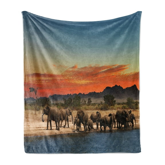 Safari Soft Flannel Fleece Throw Blanket, Herd ofWatering in Wilderness at Sunset Image Print, Cozy Plush for Indoor and Outdoor Use, 50" x 70", Pale Blue Orange Brown, by Ambesonne