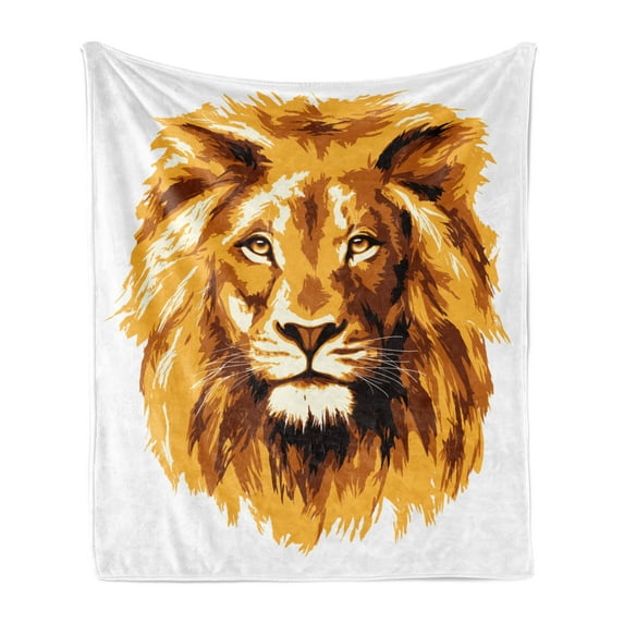Safari Soft Flannel Fleece Throw Blanket, Illustration of the Lion King Biggest Cat in Africa Animal in Tropics Artwork, Cozy Plush for Indoor and Outdoor Use, 70" x 90", Orange White, by Ambesonne