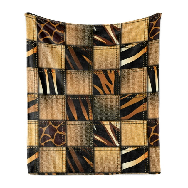 Safari Soft Flannel Fleece Throw Blanket, Jeans Denim Patchwork in Safari Style Wilderness Design Art Print, Cozy Plush for Indoor and Outdoor Use, 50" x 70", Brown and Black, by Ambesonne