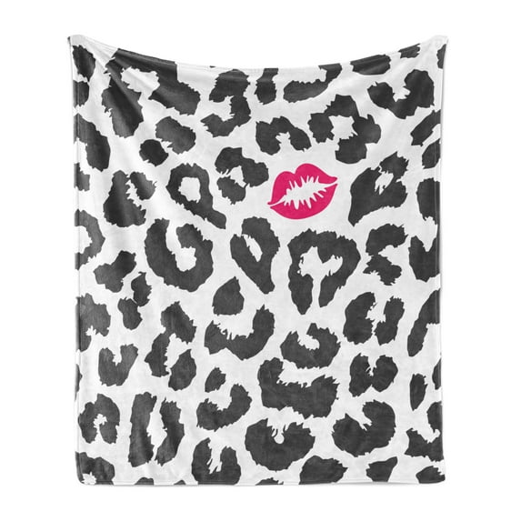 Safari Soft Flannel Fleece Throw Blanket, Leopard Cheetah Animal Print Kiss Shape Lipstick Mark Dotted Trend Art, Cozy Plush for Indoor and Outdoor Use, 50" x 70", Charcoal Grey Pink, by Ambesonne