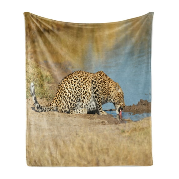 Safari Soft Flannel Fleece Throw Blanket, Leopard Panther Drinking at Waterhole Wild South Animal Documentary Print, Cozy Plush for Indoor and Outdoor Use, 60" x 80", Pale Brown, by Ambesonne
