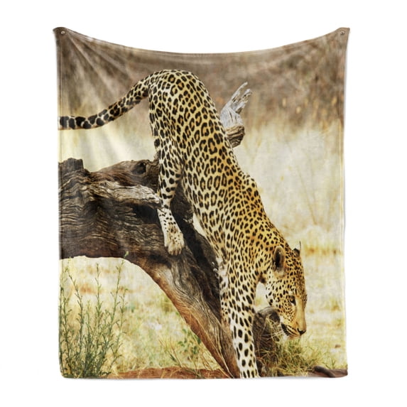 Safari Soft Flannel Fleece Throw Blanket, Leopard on Tree Trunk Desert Plants Exotic Hunter Predator Big Cat Image, Cozy Plush for Indoor and Outdoor Use, 50" x 60", Yellow Green Brown, by Ambesonne