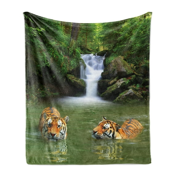 Safari Soft Flannel Fleece Throw Blanket, Siberian Tigers in Water Waterfall Pool Woodland Swimming Natural, Cozy Plush for Indoor and Outdoor Use, 50" x 70", Reseda Green Orange, by Ambesonne