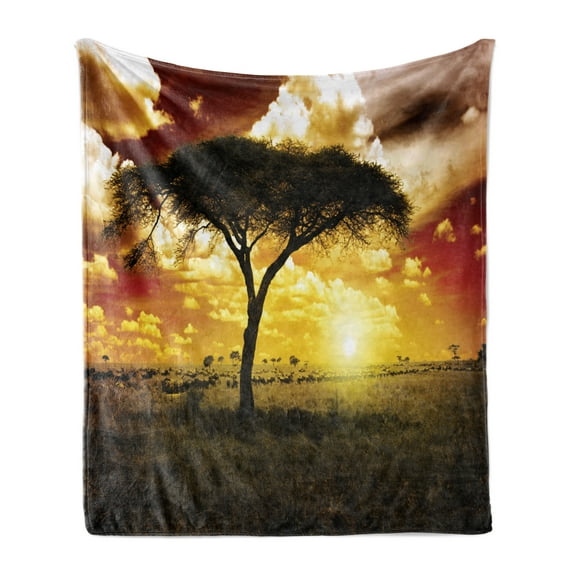 Safari Soft Flannel Fleece Throw Blanket, Single Tree at Dreamy Sunset Dark Dramatic Clouds on the Sky Art, Cozy Plush for Indoor and Outdoor Use, 70" x 90", Green Red White, by Ambesonne