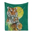 thumbnail image 1 of Safari Soft Flannel Fleece Throw Blanket, Tiger Family in the Jungle Full Moonlight Night Grass Abstract, Cozy Plush for Indoor and Outdoor Use, 50" x 60", Jade Green Pale Green, by Ambesonne, 1 of 5