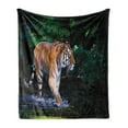 thumbnail image 1 of Safari Soft Flannel Fleece Throw Blanket, Tiger in Water Stream Hunting Danger Trees Tropical Pond Hiding Captive, Cozy Plush for Indoor and Outdoor Use, 70" x 90", Green Orange Brown, by Ambesonne, 1 of 5