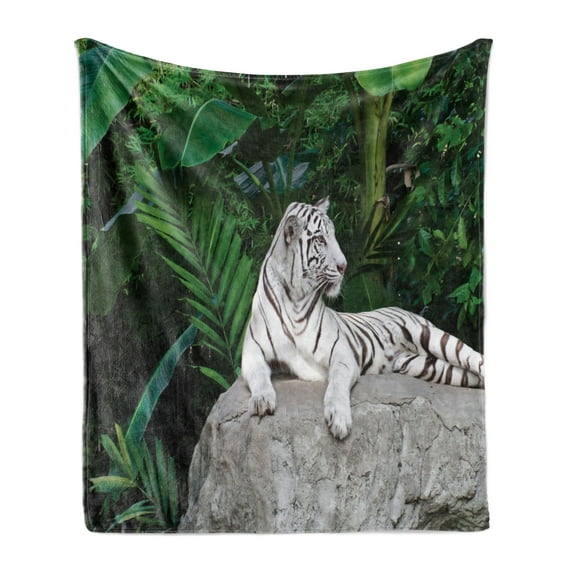 Safari Soft Flannel Fleece Throw Blanket, White Tiger Setting on Stone Tropic Plants Leaves Wild Jungle Majestic, Cozy Plush for Indoor and Outdoor Use, 50" x 60", Beige Green Pale Grey, by Ambesonne