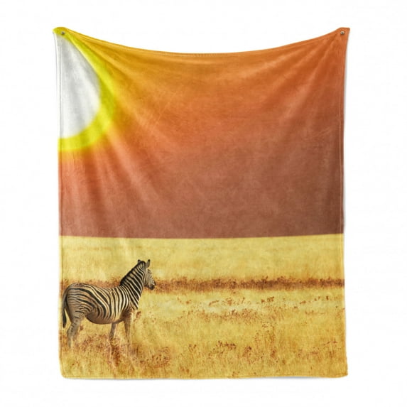 Safari Soft Flannel Fleece Throw Blanket, Zebra at Sunset on Grass Mammal Culture Tropical Lands Photo, Cozy Plush for Indoor and Outdoor Use, 50" x 70", Yellow Orange Black, by Ambesonne