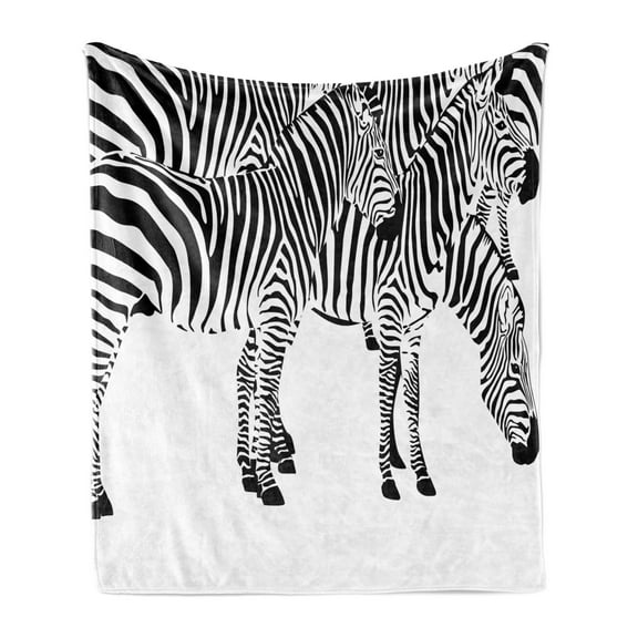 Safari Soft Flannel Fleece Throw Blanket, Zebras Animals Skin Print with Stripes Jungle Wildlife Picture Artwork, Cozy Plush for Indoor and Outdoor Use, 50" x 70", Black and White, by Ambesonne
