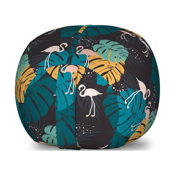 Safari Storage Toy Bag Chair, Tropical Arrangement of Flamingos Monstera Leaves Plantation and Spots, Stuffed Animal Organizer Washable Bag, Small Size, Indigo and Multicolor, by Ambesonne