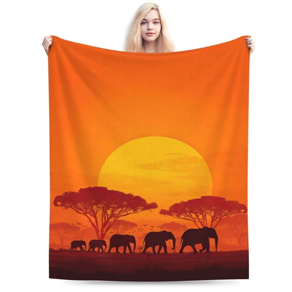 Safari Sunset Elephant Throw Blanket, Golden Hour Herd Silhouette Soft Flannel Fleece Art Decor 50x40