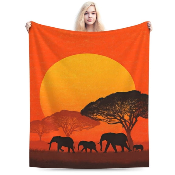 Safari Sunset Elephant Throw Blanket, Golden Hour Herd Silhouette Soft Flannel Fleece Art Decor 50x40