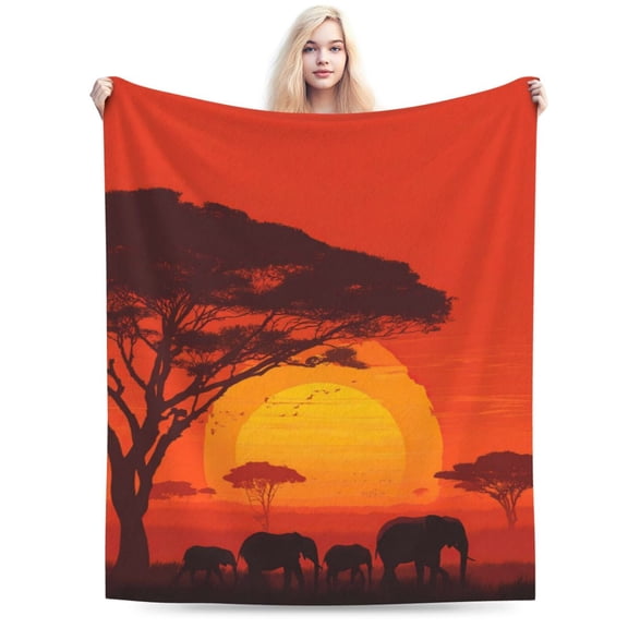 Safari Sunset Elephant Throw Blanket, Golden Hour Herd Silhouette Soft Flannel Fleece Art Decor 50x40