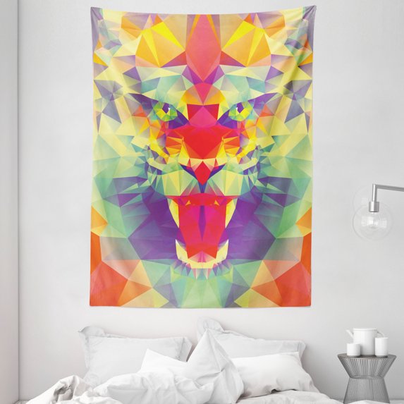 Safari Tapestry, Polygonal Lion Face with Geometric Shades and Effects Exotic King of Jungle Theme, Wall Hanging for Bedroom Living Room Dorm Decor, 60W X 80L Inches, Multicolor, by Ambesonne