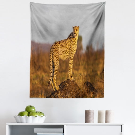 Safari Tapestry, Wild Animal Cheetah Standing on Termite Mound Savannah Nature View, Fabric Wall Hanging Decor for Bedroom Living Room Dorm, 5 Sizes, Ginger Apricot Dust, by Ambesonne