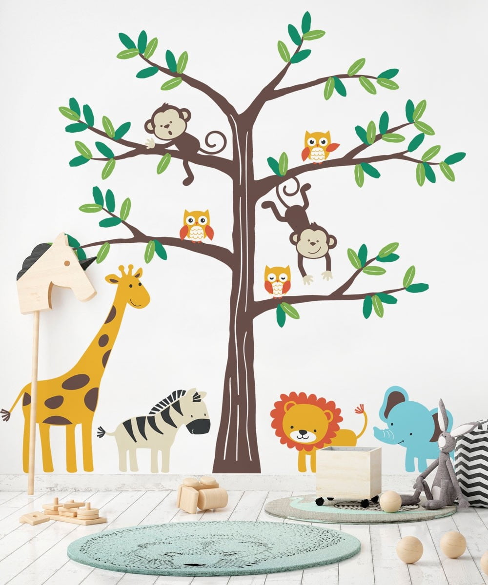 Safari Tree with Cute Animals Wall Decal - Scheme A - Walmart.com