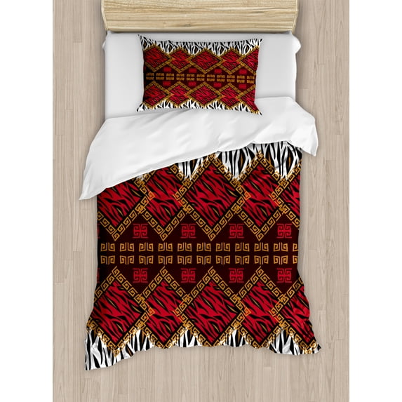 Safari Twin Size Duvet Cover Set, African Animal Skin Stylized Stripes in Diamond Pattern Native Tribal Artwork, Decorative 2 Piece Bedding Set with 1 Pillow Sham, Red and Brown, by Ambesonne