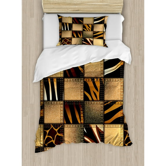 Safari Twin Size Duvet Cover Set, Patchwork in Safari Style Wilderness Stylized Design Art Print, Decorative 2 Piece Bedding Set with 1 Pillow Sham, Pale Brown Seal Brown Sand Brown, by Ambesonne