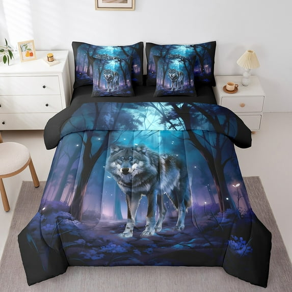 Safari Wolf Twin Comforter Set 7-Piece For Teens Adults Jungle Wild Animal Bedding Sets,Woodland Wildlife Bed in a Bag,Blue Purple Galaxy Sheet Set with Comforter,Glitter Stars Room Decor,Soft Cozy