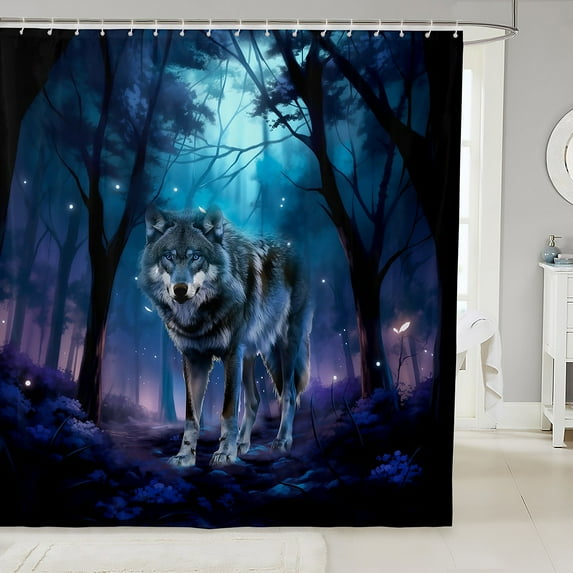 Safari Wolf Waterproof Bathroom Curtain For Teens Adults Jungle Wild Animal Shower Curtain 72x72 Woodland Bath Curtain Blue Purple Galaxy Waterproof Cloth Glitter Stars Room Decor