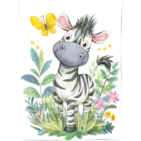 Safari Zebra Fabric Wall Hanging Tapestry Watercolor Animal Art with Butterfly and Flowers 3040 In