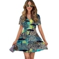 thumbnail image 1 of Safari Zebras Vibrant Animal Print Women Dress V-Neck Short Sleeve Flowy Swing Party Midi Dress, 1 of 4