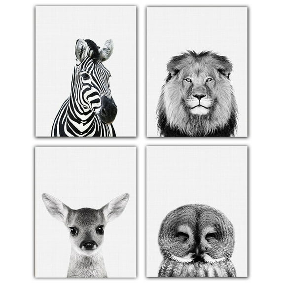 Safari Zoo Animal Lion,Zebra,Owl,Deer Nursery Art Prints 4pcs- Neutral Wall Decor, Shower Gift,Bedroom Animal Wall Décor Unframed