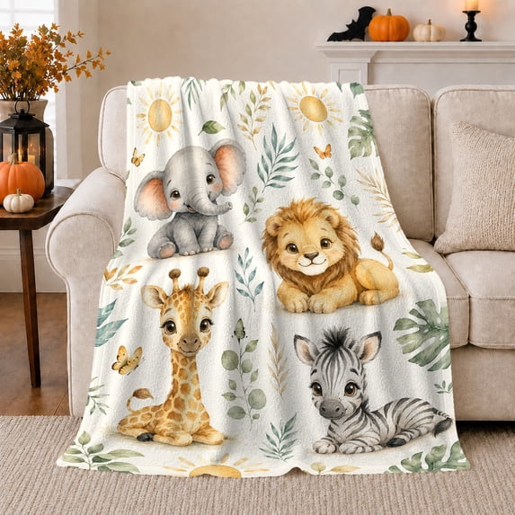 Safari Zoo Animal Nursery Woodland Watercolor Playroom Baby, Playful Woodland Scene, Warm Flannel Blanket for Cabin, Wildlife Lovers Housewarming Gift, Botanical Home Decor