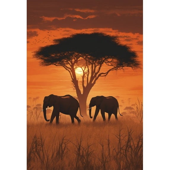 Safari in The Sahara with Elephants Digital Illustration - 12" x 18" Art Print Wall Decor