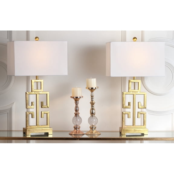 Safavieh Greek Key 29" 2 Lights Glam Antique Gold Table Lamp with Off-White Shades