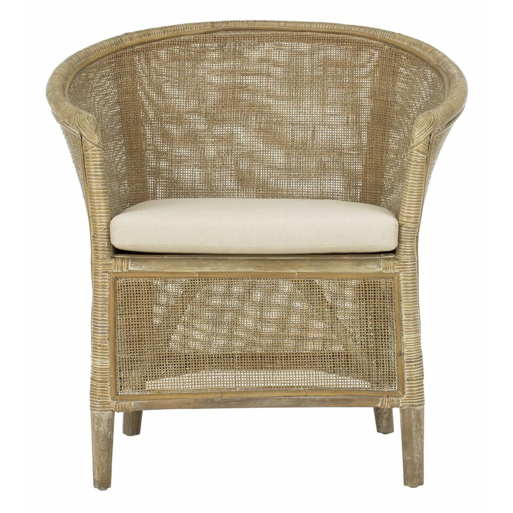 Transitional Whitewashed Rattan Armchair with Off-White Linen Cushion