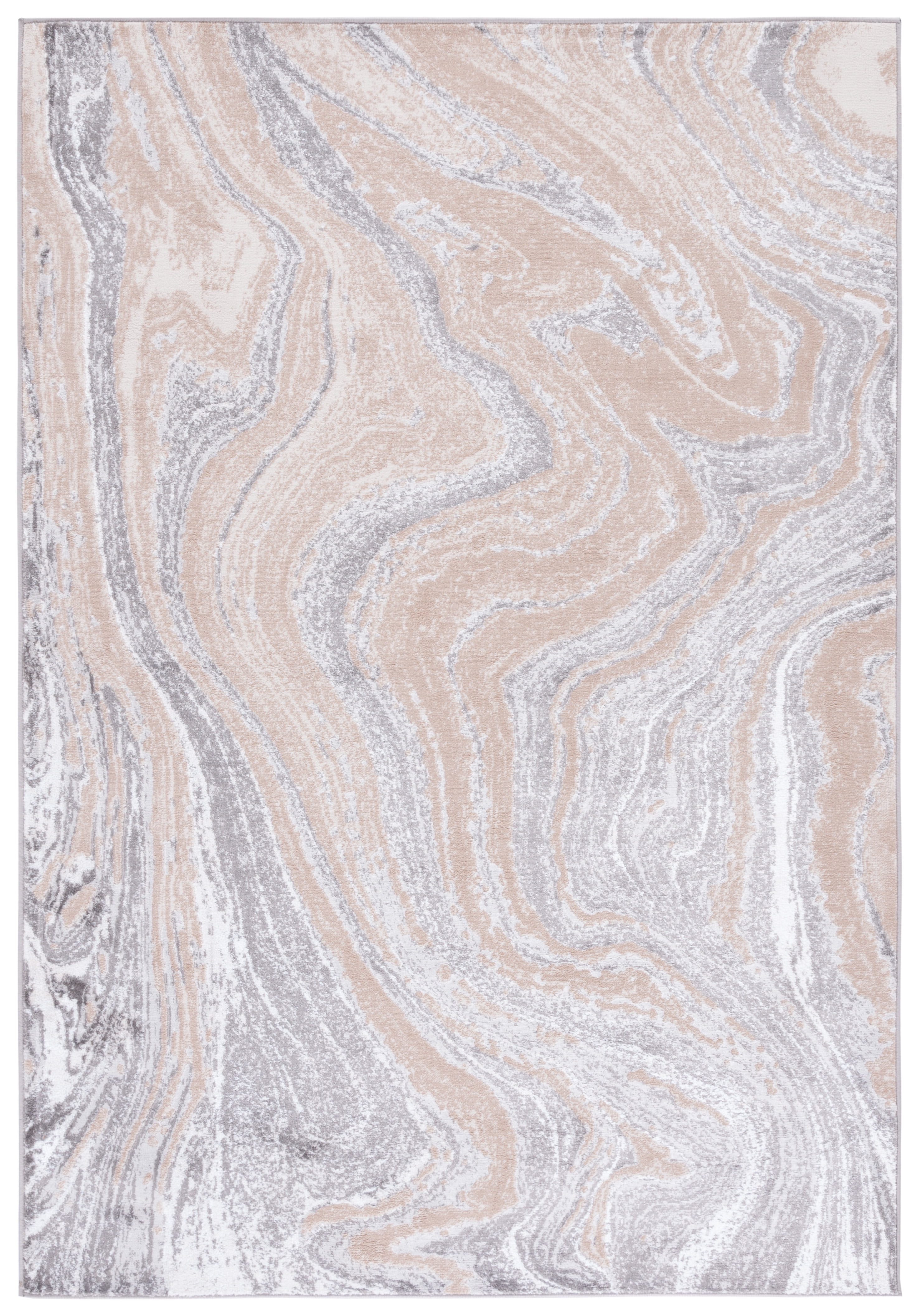 Abstract Beige and Grey Hand-Knotted Synthetic Area Rug