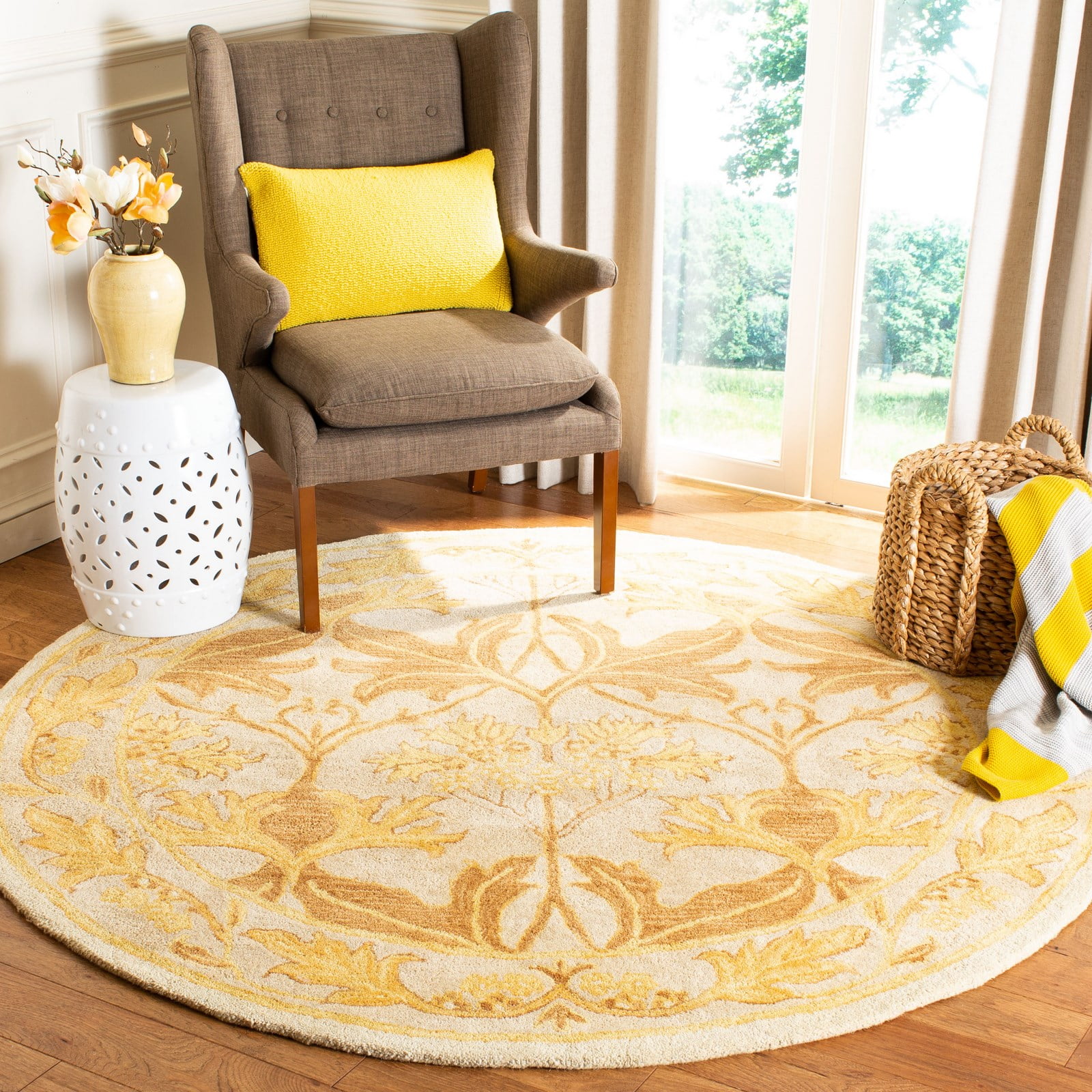 Handmade Beige and Gold Round Wool Tufted Area Rug