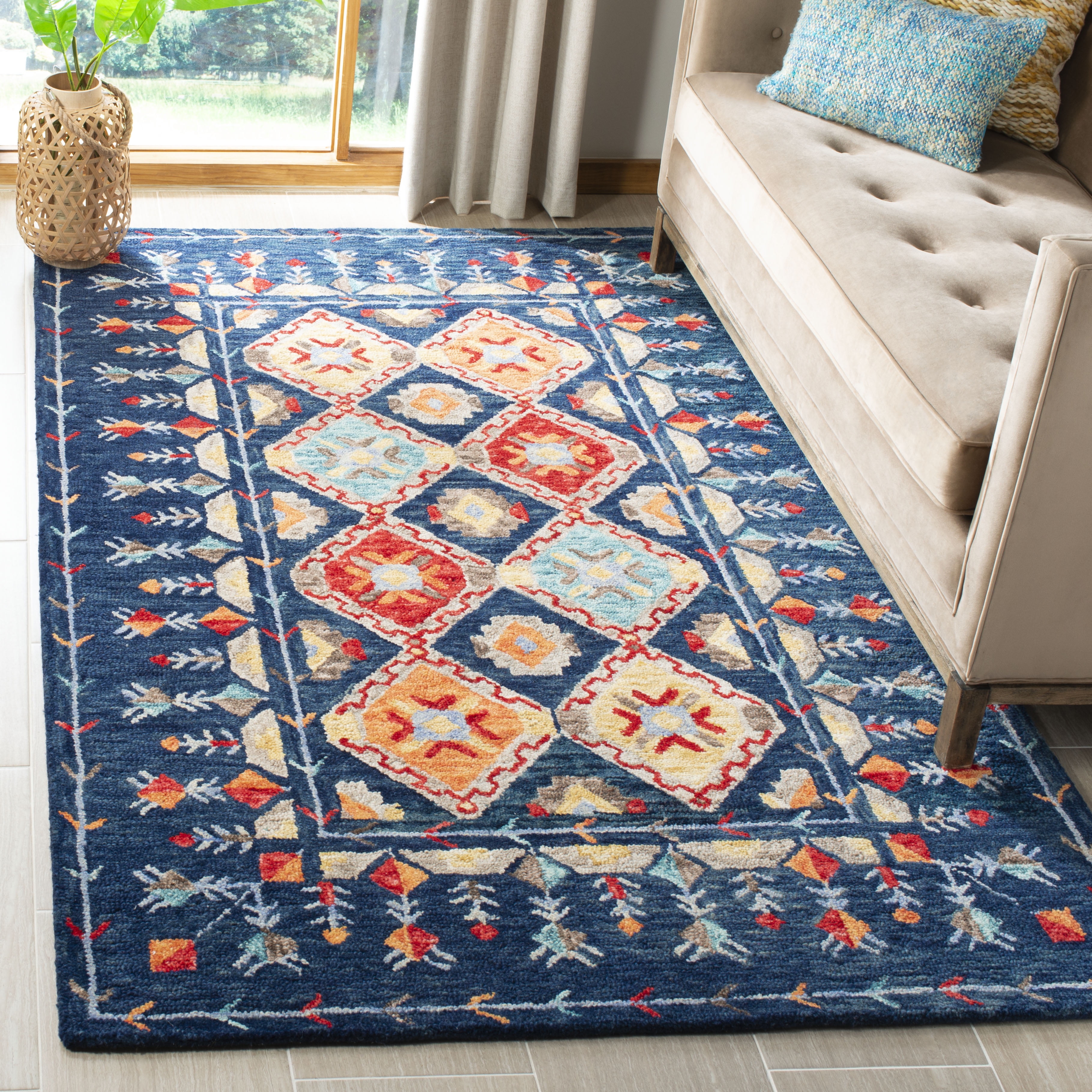 Handmade Tufted Wool-Cotton Blend Blue Rectangular Rug