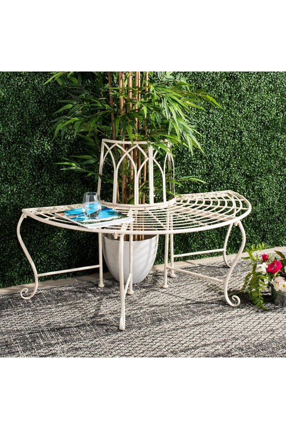 Abia 50" Iron Metal Outdoor Tree Bench in Antique White