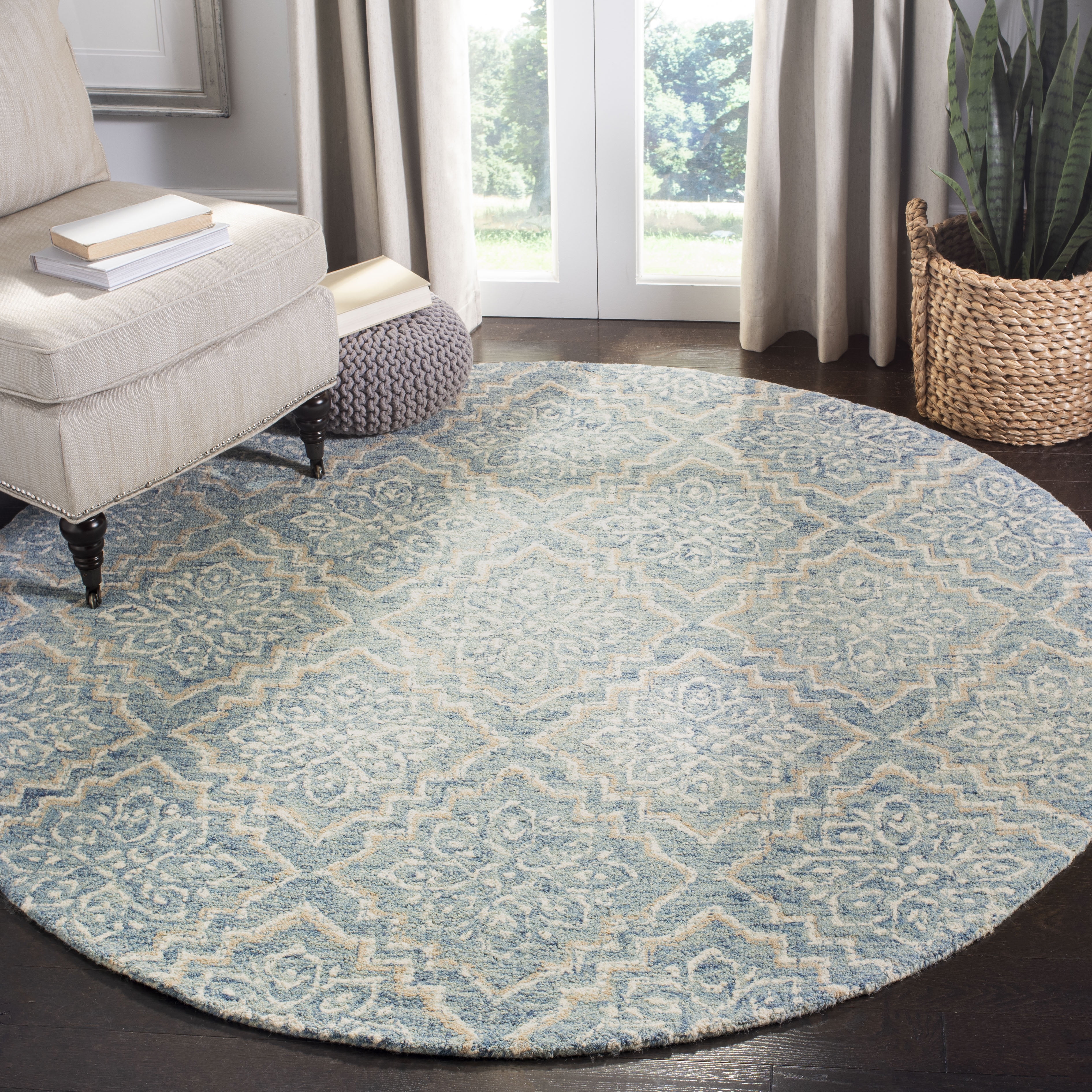 SAFAVIEH Abstract Drew Abstract Wool Area Rug, Blue/Gray, 6' x 6' Round