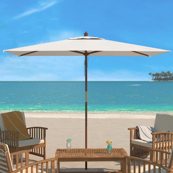 Safavieh Aklin 6.5' X 10' Wooden Pulley Market Patio Umbrella, Ivory