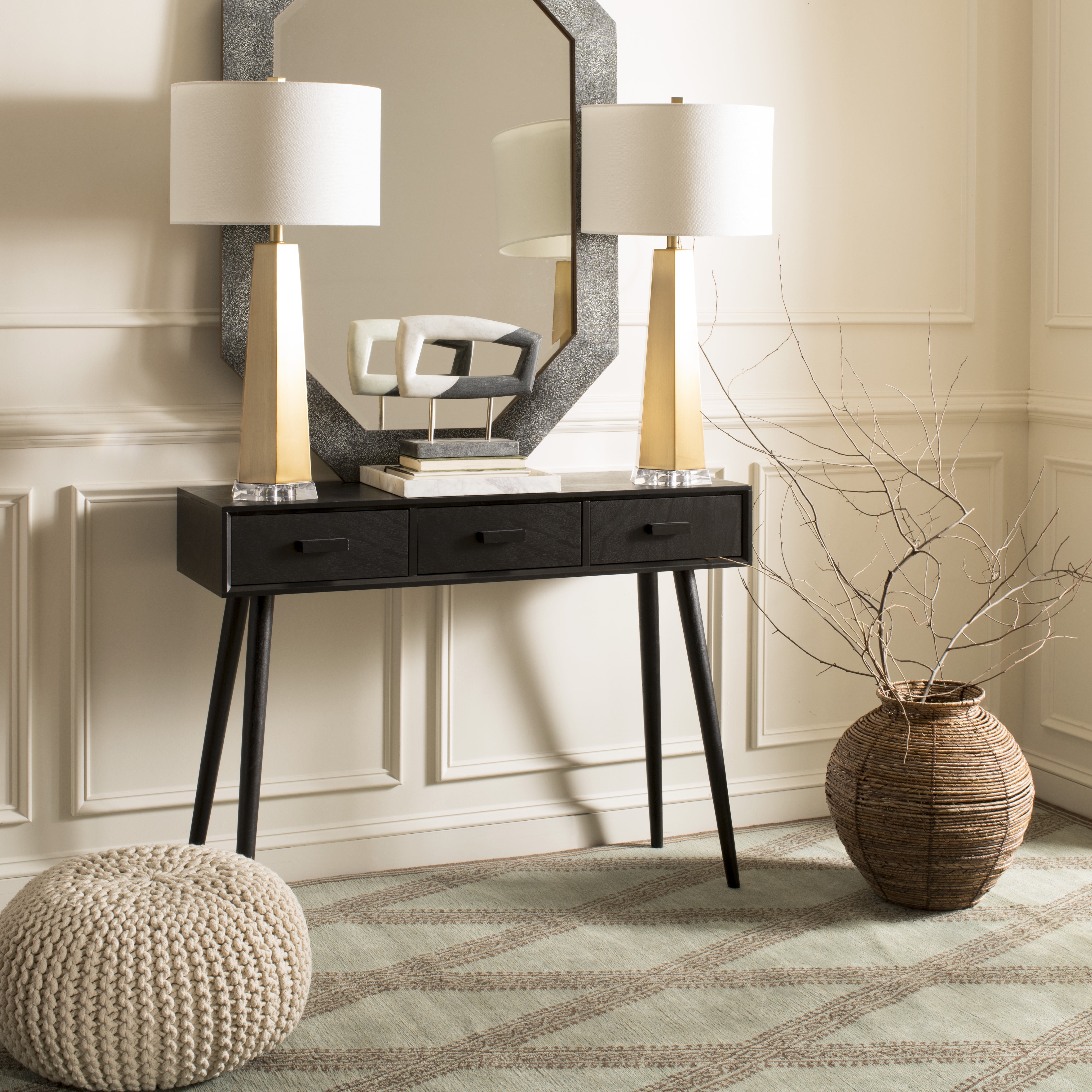 Transitional Black Rectangular Console Table with 3 Drawers