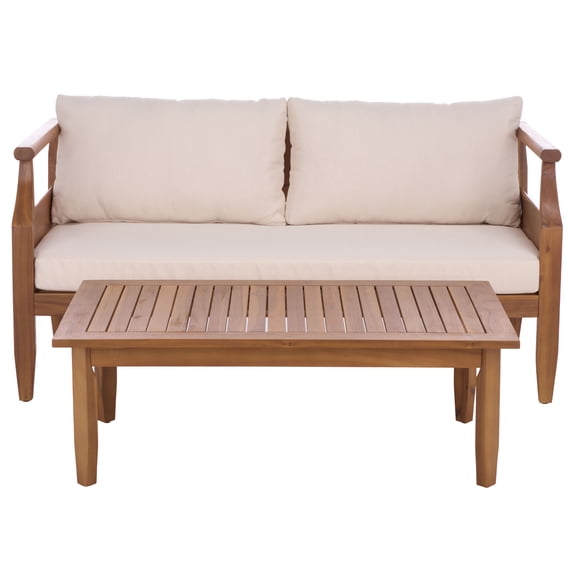 Safavieh Alta Modern Wood 2-Piece Outdoor Chat Set, Teak Brown/Cream