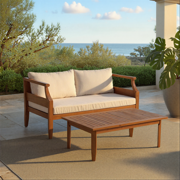 Safavieh Alta Modern Wood 2-Piece Outdoor Chat Set, Teak Brown/Cream