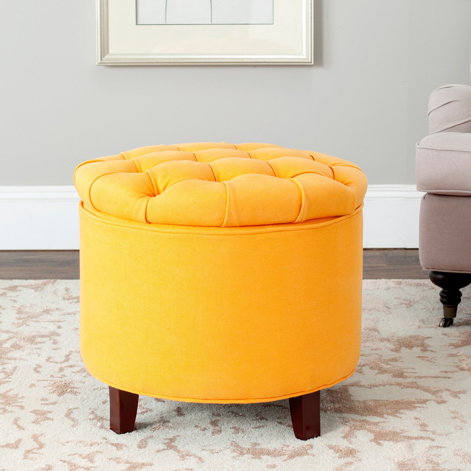 Tangerine Round Tufted Storage Ottoman with Oak Legs
