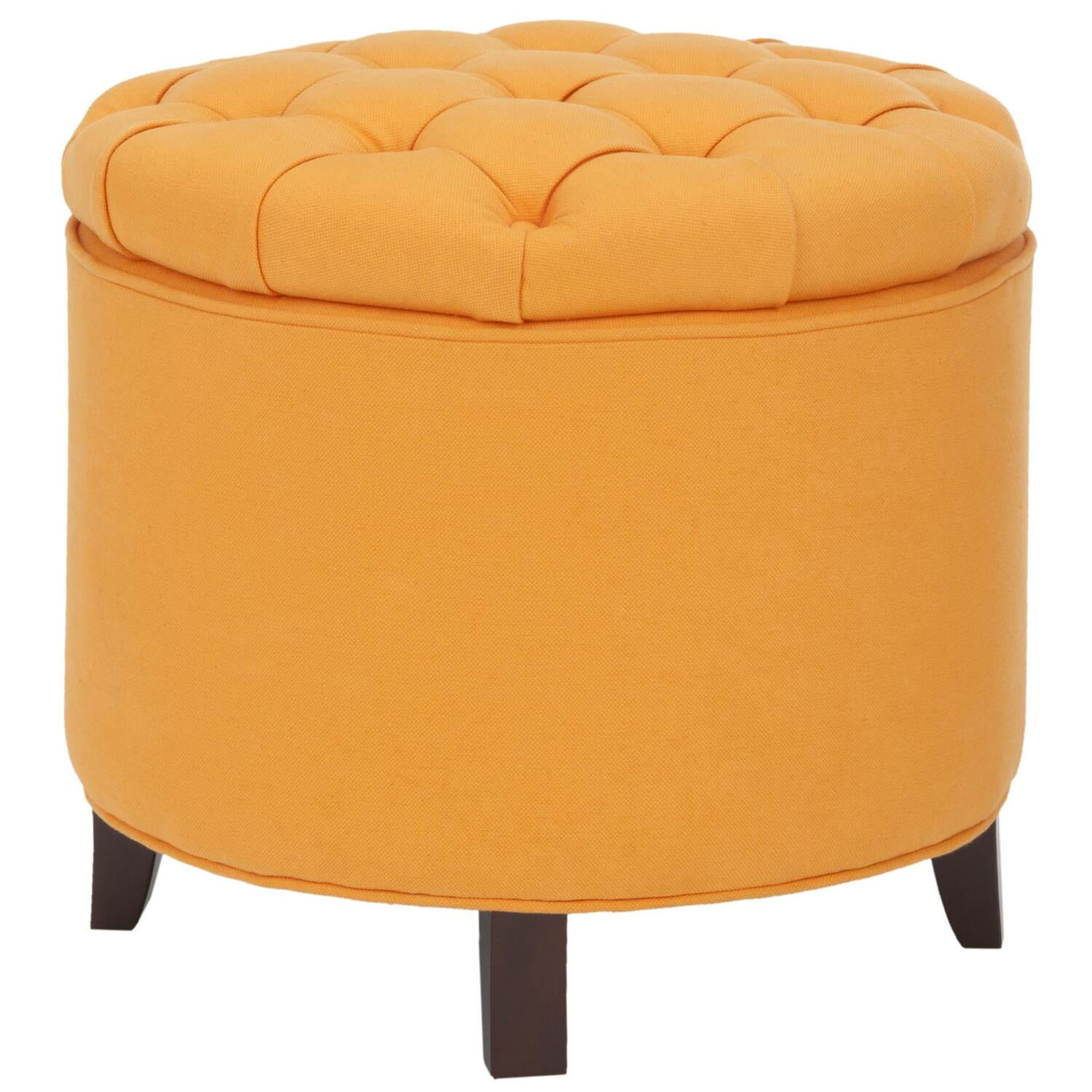 Tangerine Round Tufted Storage Ottoman with Oak Legs