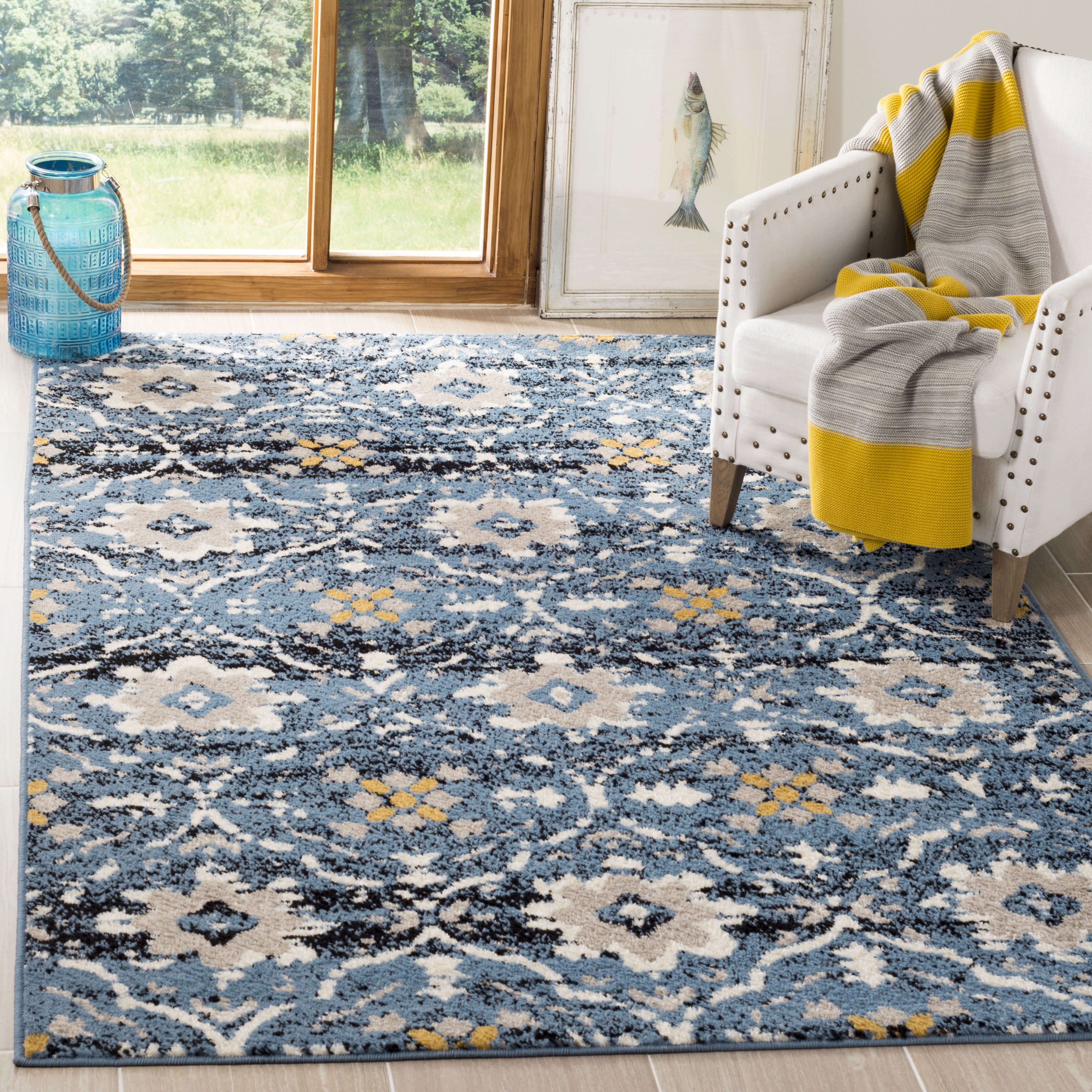 Amsterdam Blue and Creme Synthetic Rectangular Area Rug 3' x 5'