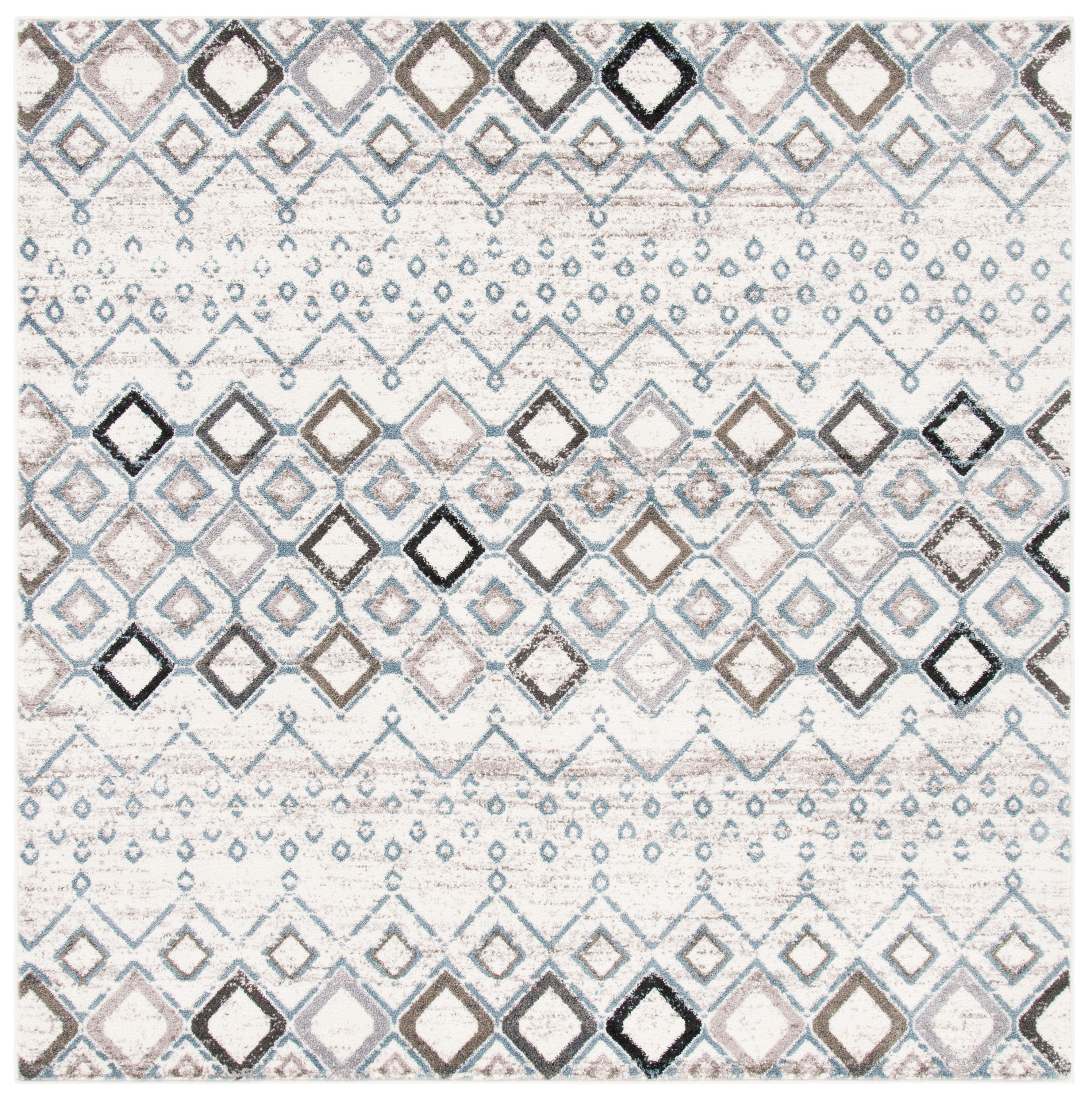 Ivory and Grey Geometric Square Synthetic Area Rug, 10' x 10'