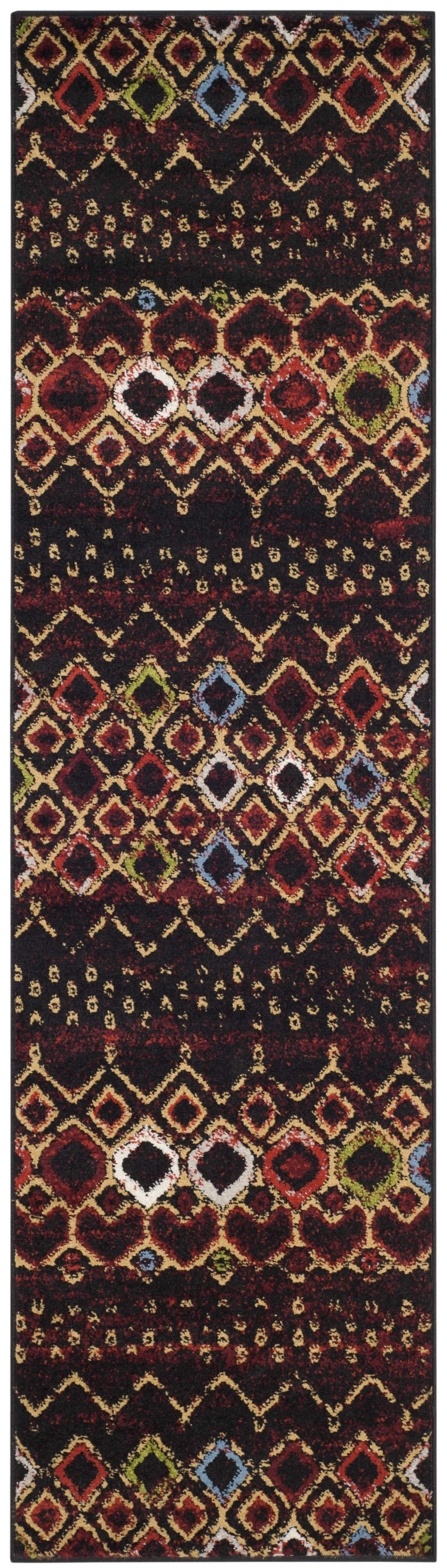 Black and Multicolor Geometric Synthetic Runner Rug, 2'3" x 10'