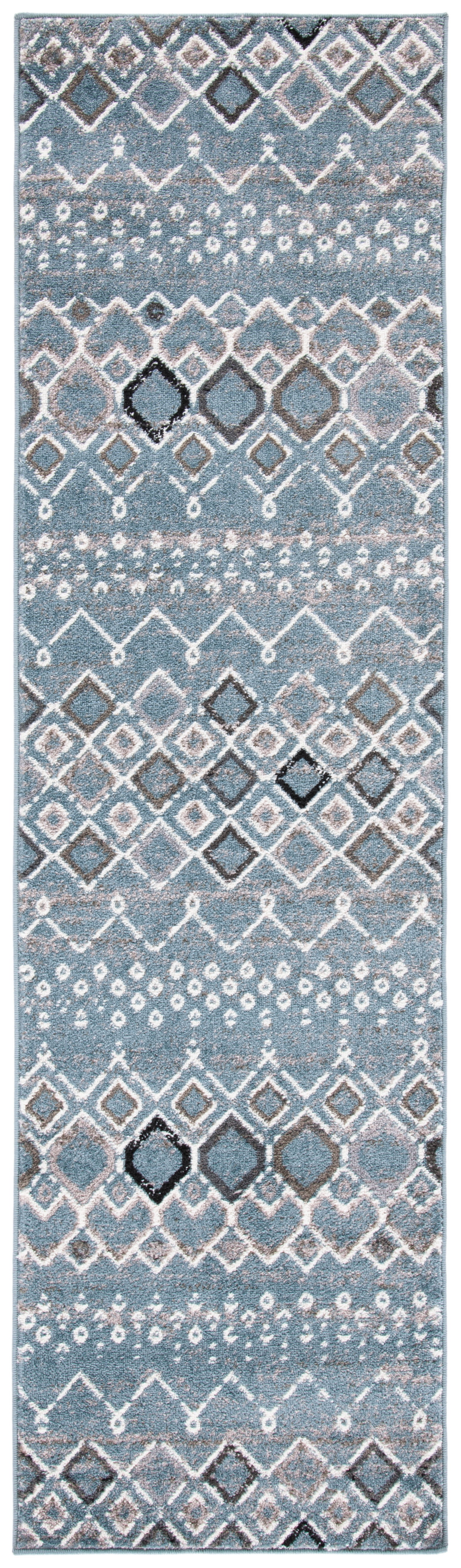 Blue and Ivory Geometric Hand-knotted Runner Rug