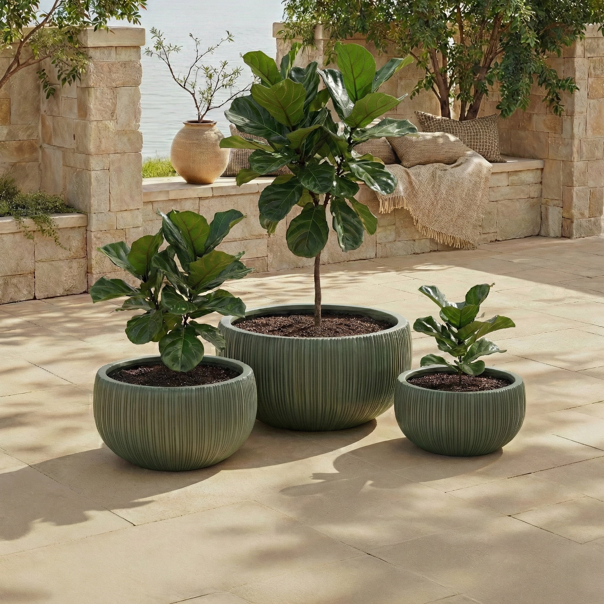 Safavieh Anita Round Green Fiber Clay Plant Pots - Set of 3